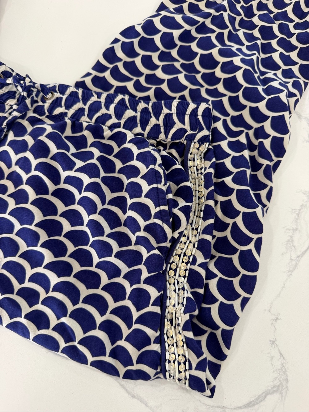 Anthropologie Beaded Scallop Print Cropped Jogger Pants Blue/White Size S - Picture 3 of 9